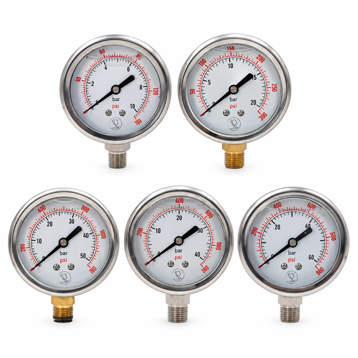 Five Industrial Pressure Gauges on White